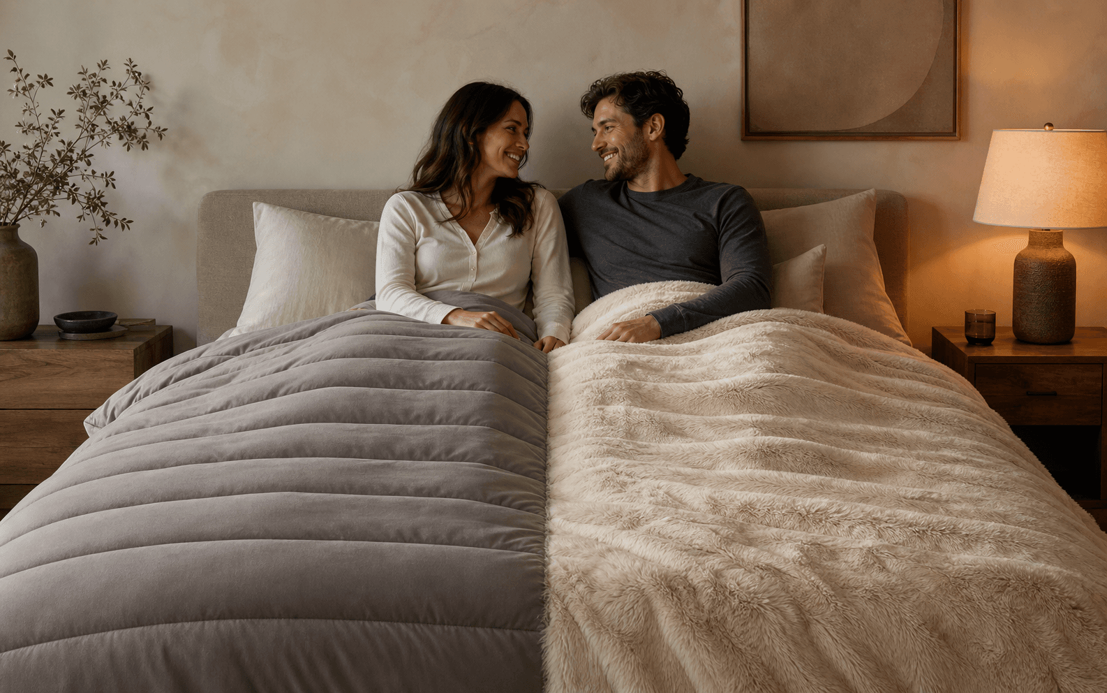 A smiling couple in a serene bedroom, sharing one blanket with a quilted left half and plush right half