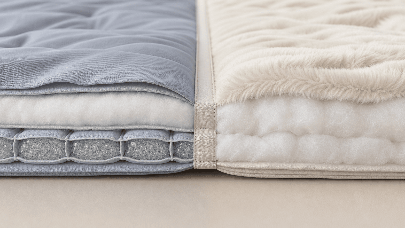 Realistic cutaway showing quilted microbead pockets on the weighted side, soft loft on the plush side, and a flexible reinforced center join