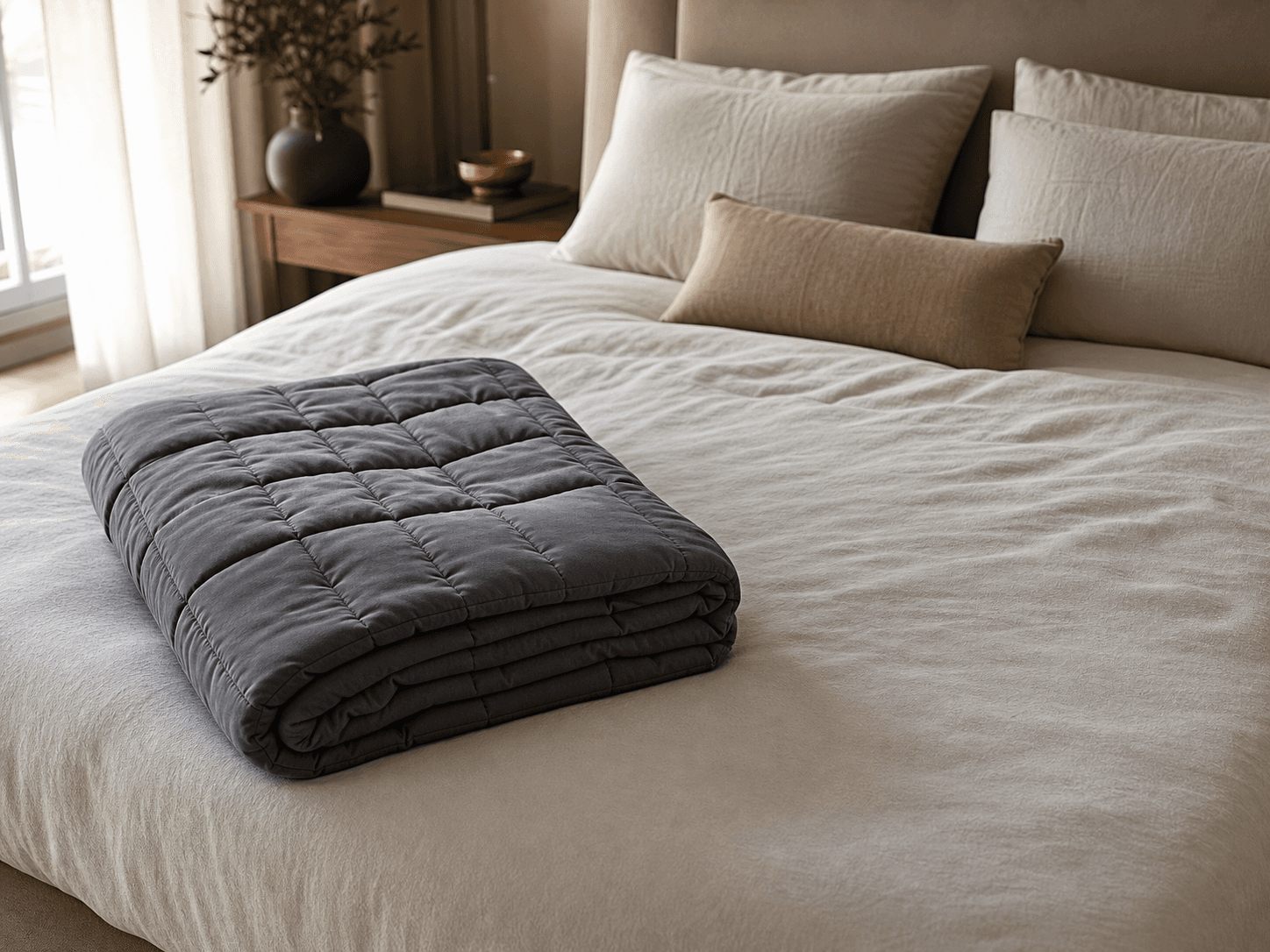 A separate gray quilted weighted blanket folded on a bed