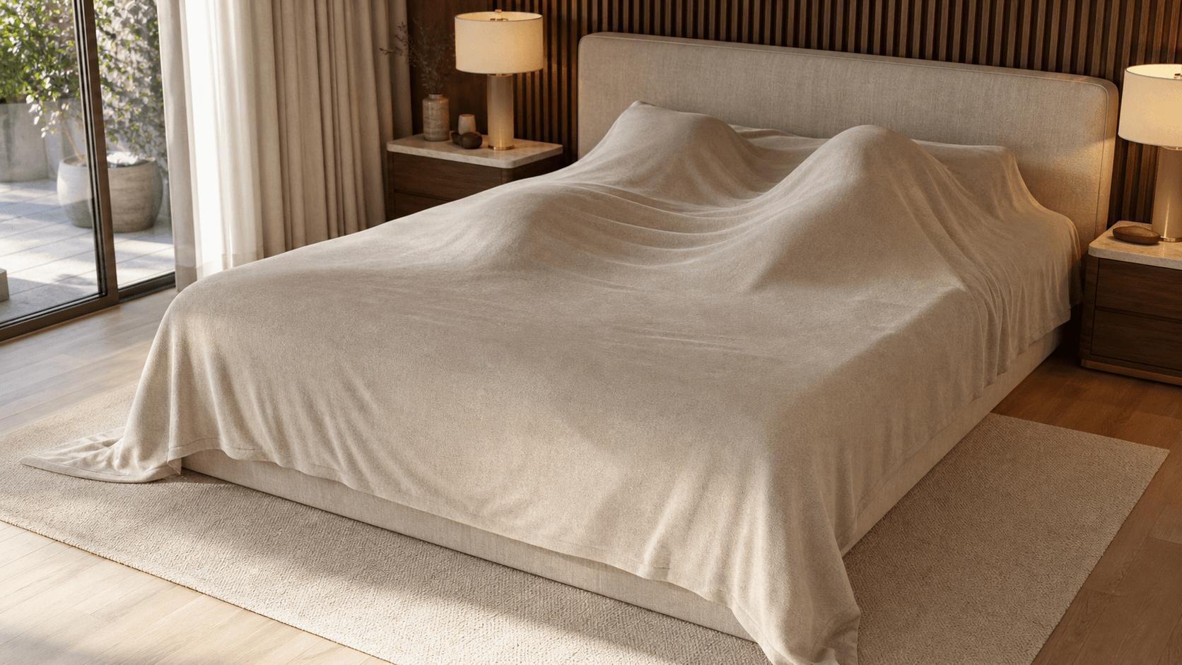 A traditional uniform blanket pulled across a shared bed